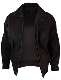 Chaqueta bomber clásica para hombre, color negro nobuk, con detalles en cuero auténtico lavado marrón.