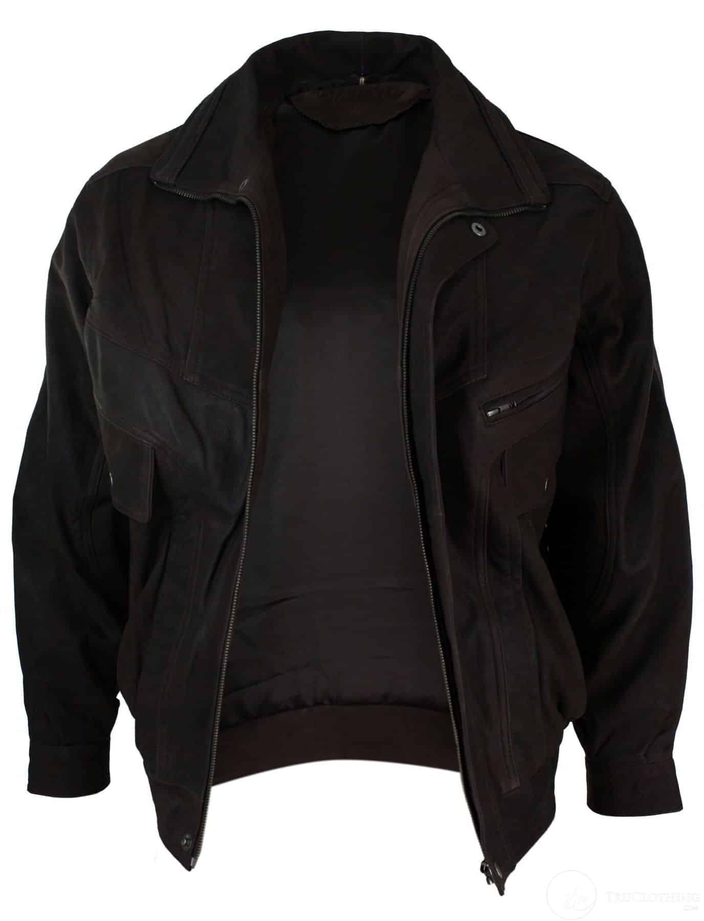 Chaqueta bomber clásica para hombre, color negro nobuk, con detalles en cuero auténtico lavado marrón.