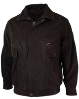 Chaqueta bomber clásica para hombre, color negro nobuk, con detalles en cuero auténtico lavado marrón.