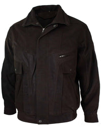 Chaqueta bomber clásica para hombre, color negro nobuk, con detalles en cuero auténtico lavado marrón.