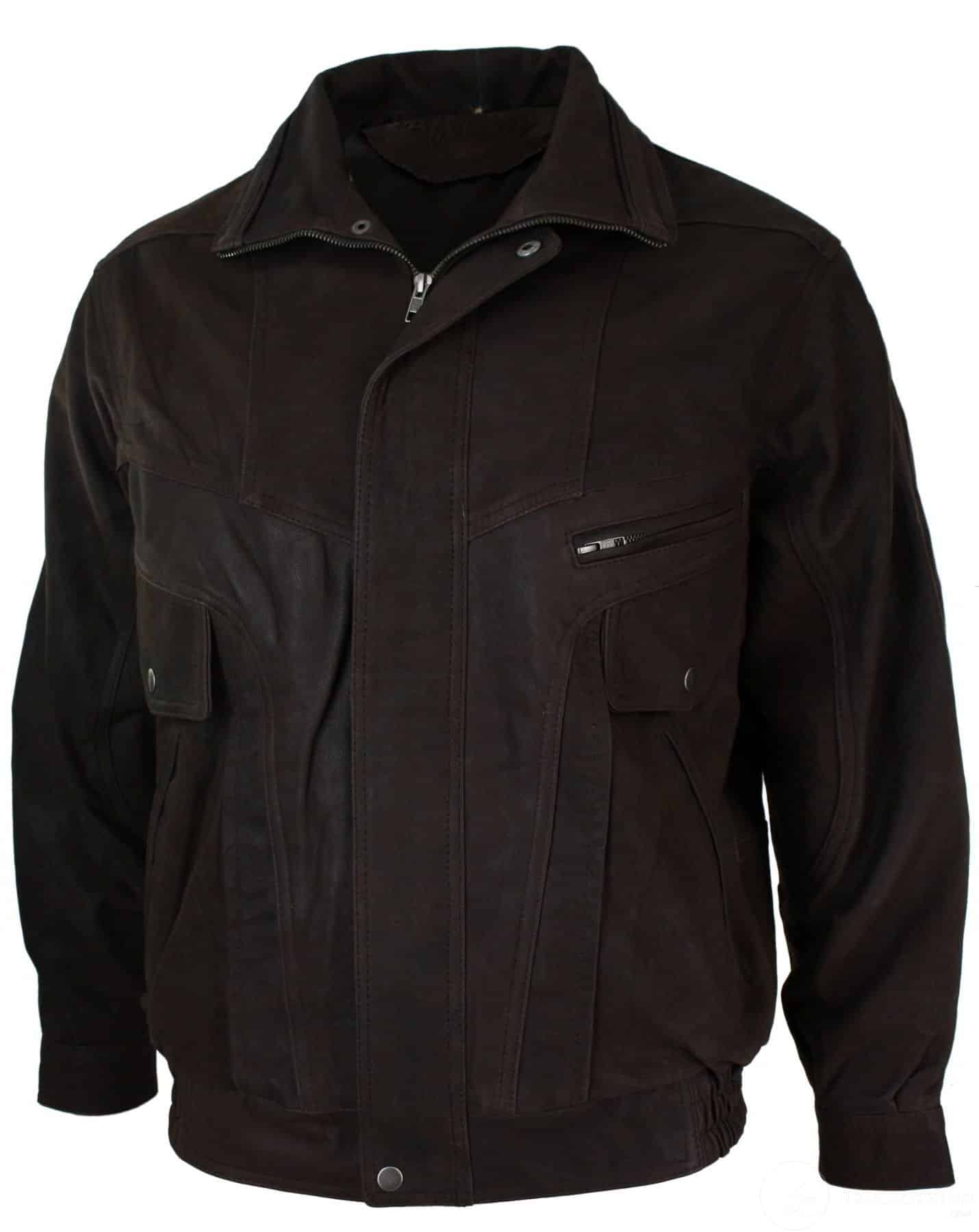 Chaqueta bomber clásica para hombre, color negro nobuk, con detalles en cuero auténtico lavado marrón.