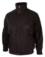 Chaqueta bomber clásica para hombre, color negro nobuk, con detalles en cuero auténtico lavado marrón.