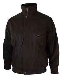Chaqueta bomber clásica para hombre, color negro nobuk, con detalles en cuero auténtico lavado marrón.