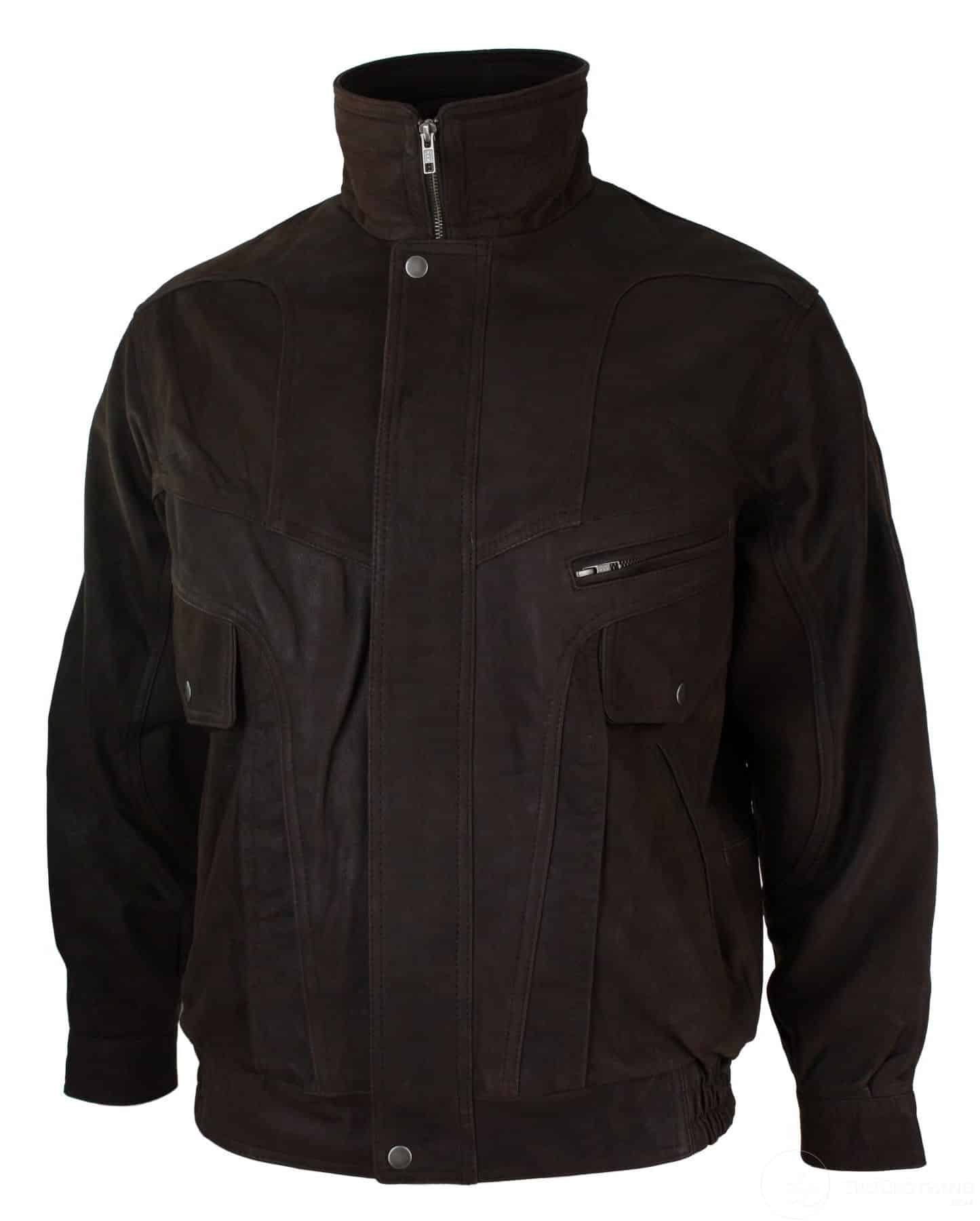 Chaqueta bomber clásica para hombre, color negro nobuk, con detalles en cuero auténtico lavado marrón.