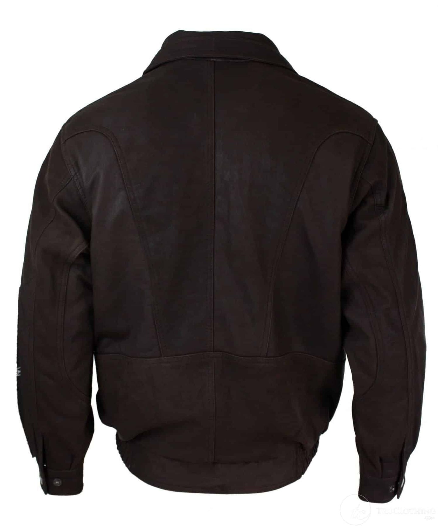 Chaqueta bomber clásica para hombre, color negro nobuk, con detalles en cuero auténtico lavado marrón.