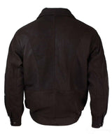 Chaqueta bomber clásica para hombre, color negro nobuk, con detalles en cuero auténtico lavado marrón.
