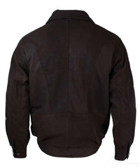 Chaqueta bomber clásica para hombre, color negro nobuk, con detalles en cuero auténtico lavado marrón.