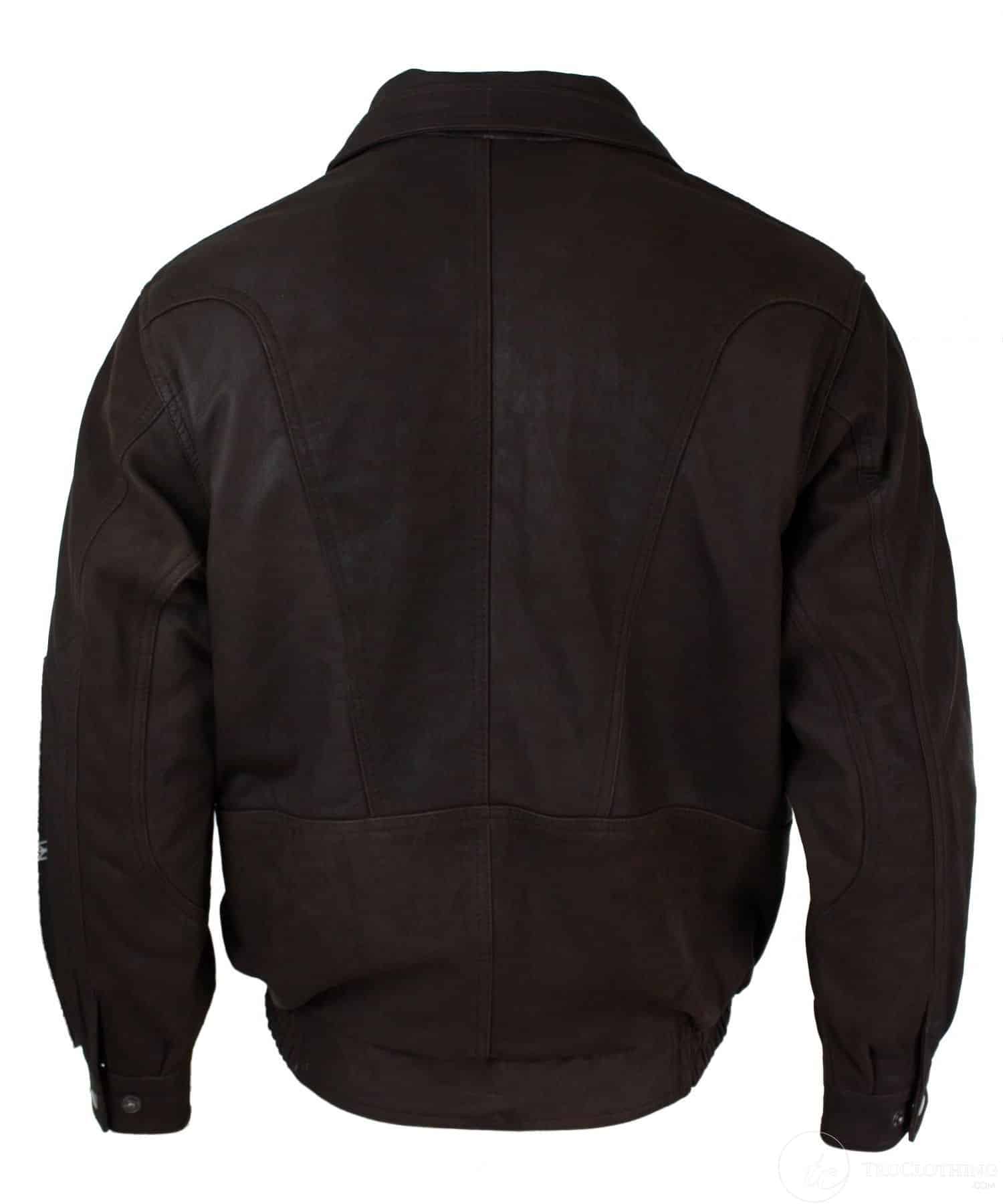 Chaqueta bomber clásica para hombre, color negro nobuk, con detalles en cuero auténtico lavado marrón.