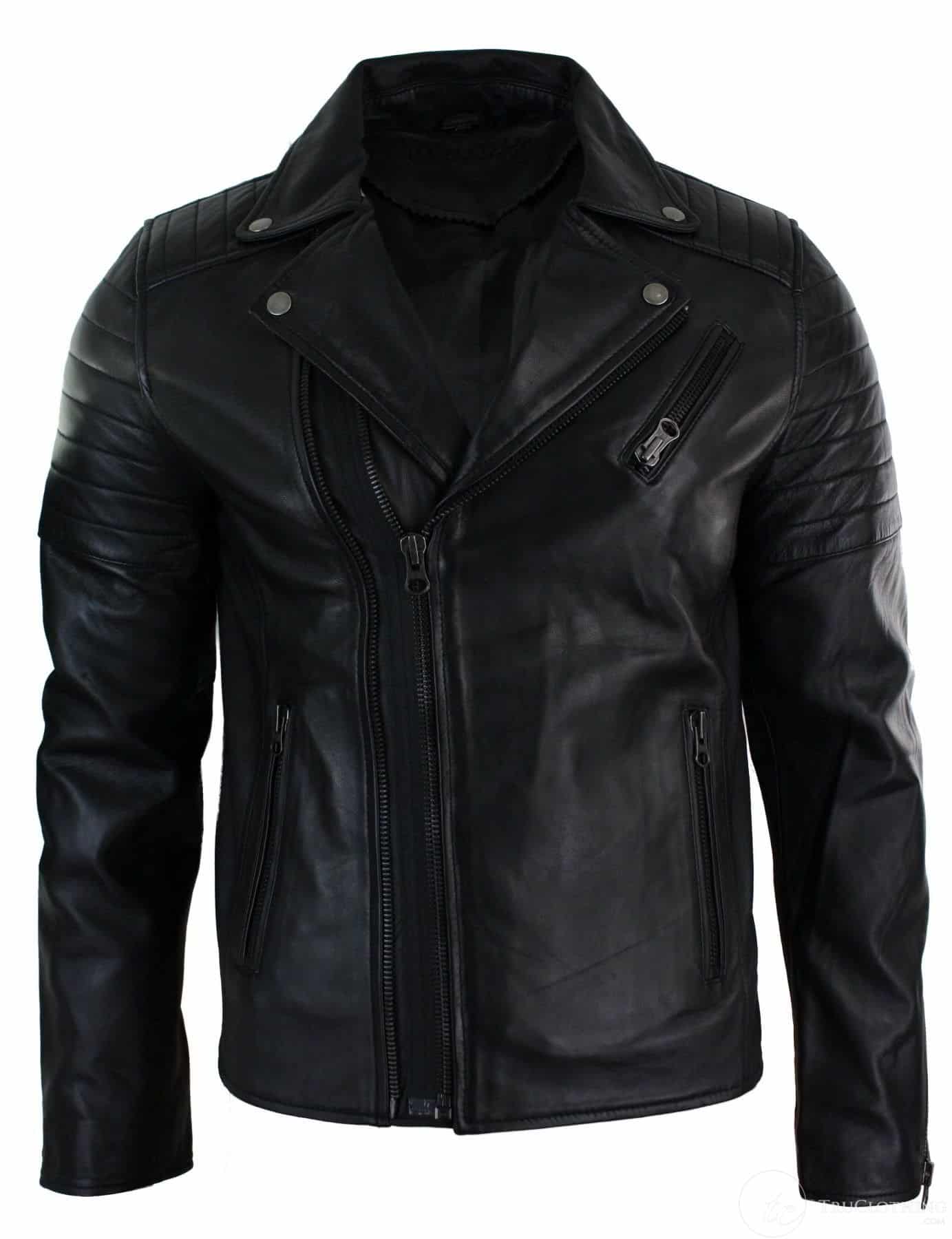 Chaqueta de hombre estilo Brando retro vintage, de cuero auténtico, corte ajustado, con cremallera cruzada, color negro.