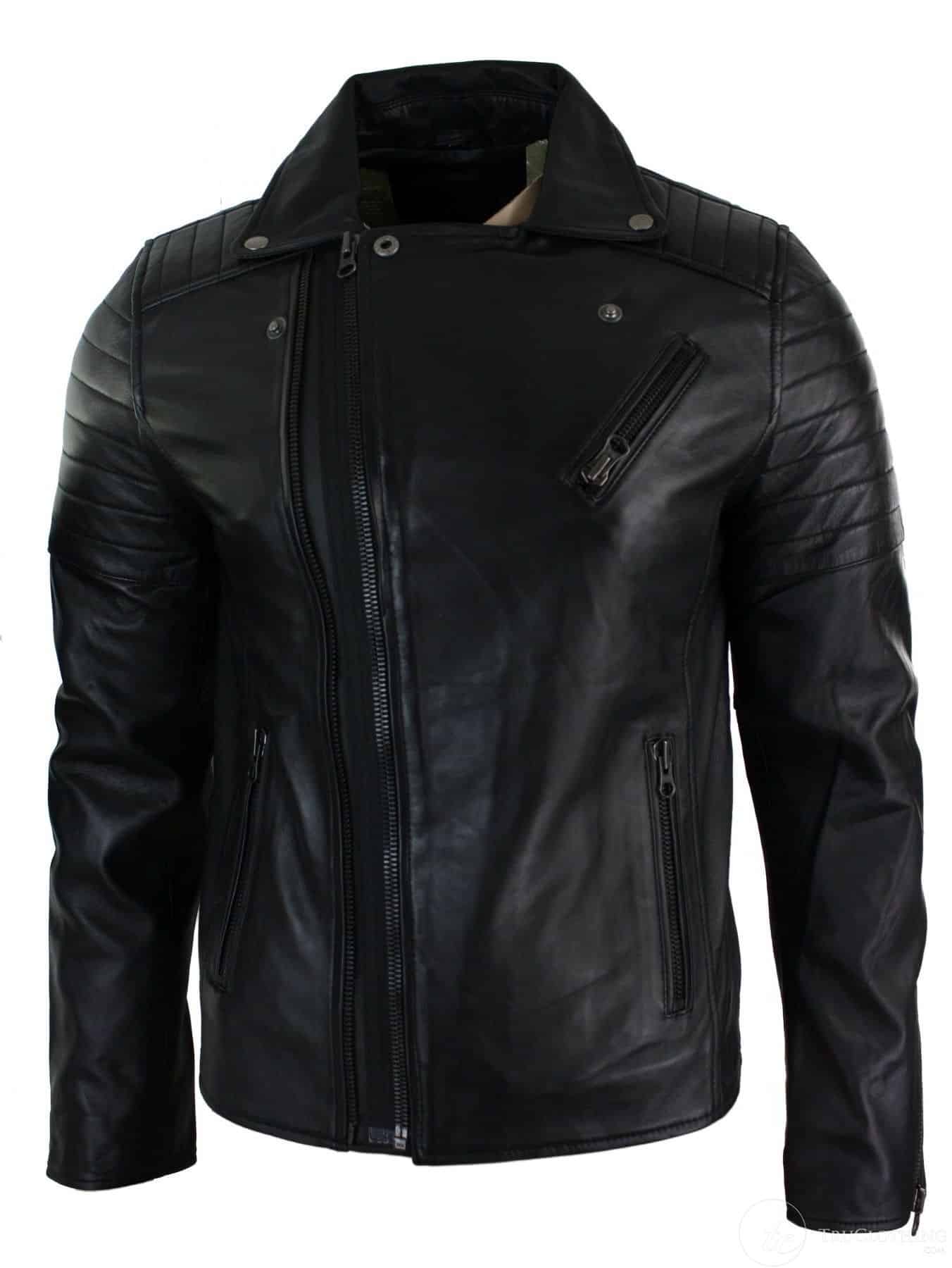 Chaqueta de hombre estilo Brando retro vintage, de cuero auténtico, corte ajustado, con cremallera cruzada, color negro.