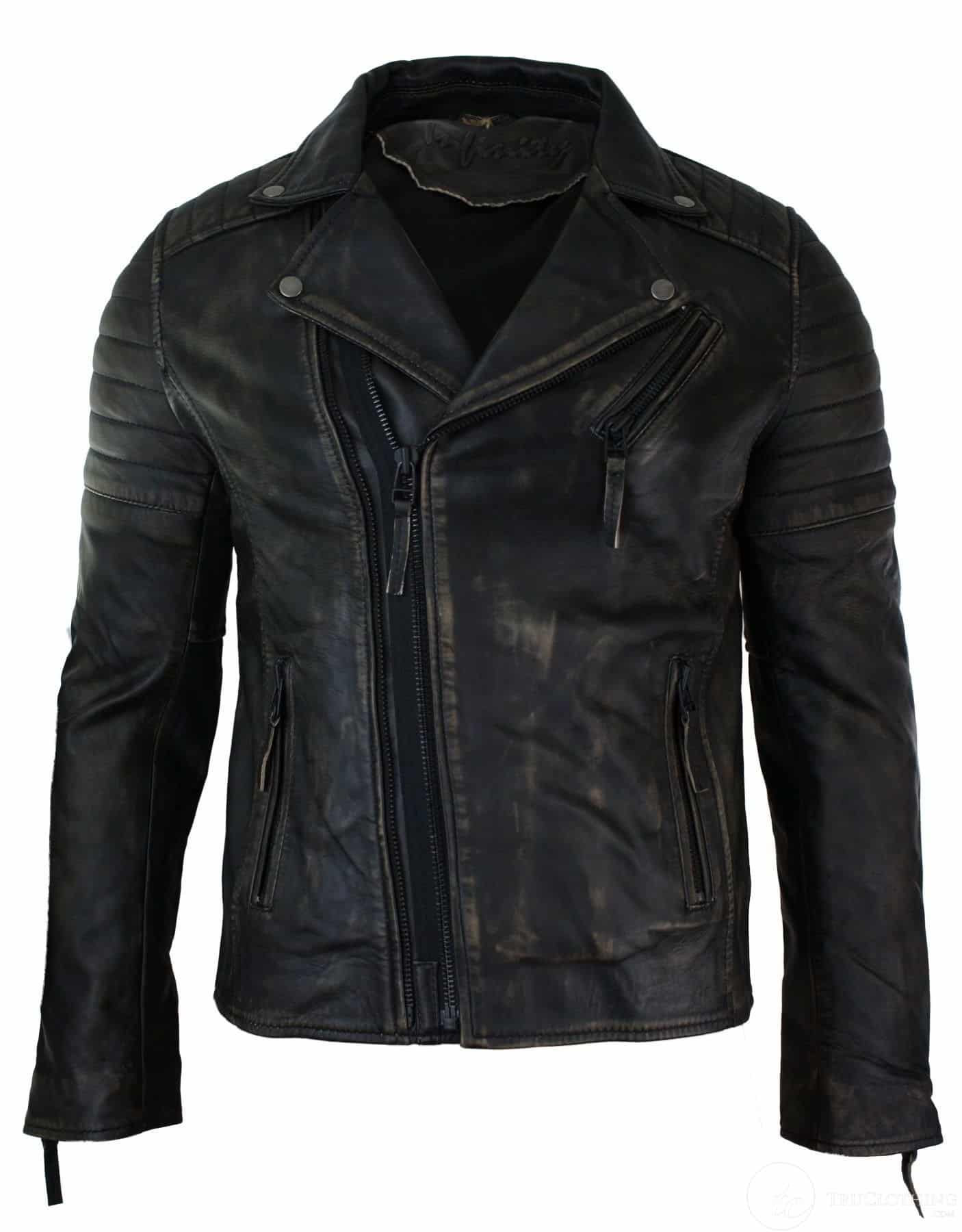 Chaqueta de cuero auténtico ajustada para hombre con cremallera cruzada, estilo retro vintage Brando, estilo motero vintage, color negro desgastado.