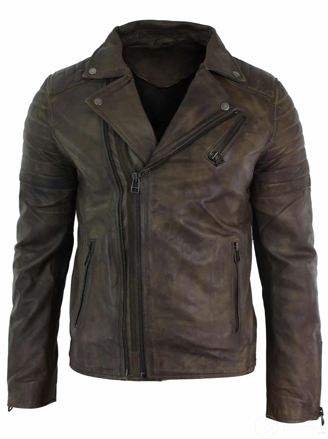 Chaqueta de cuero auténtico, corte ajustado, cremallera cruzada, estilo retro vintage Brando, para hombre, color marrón motero.