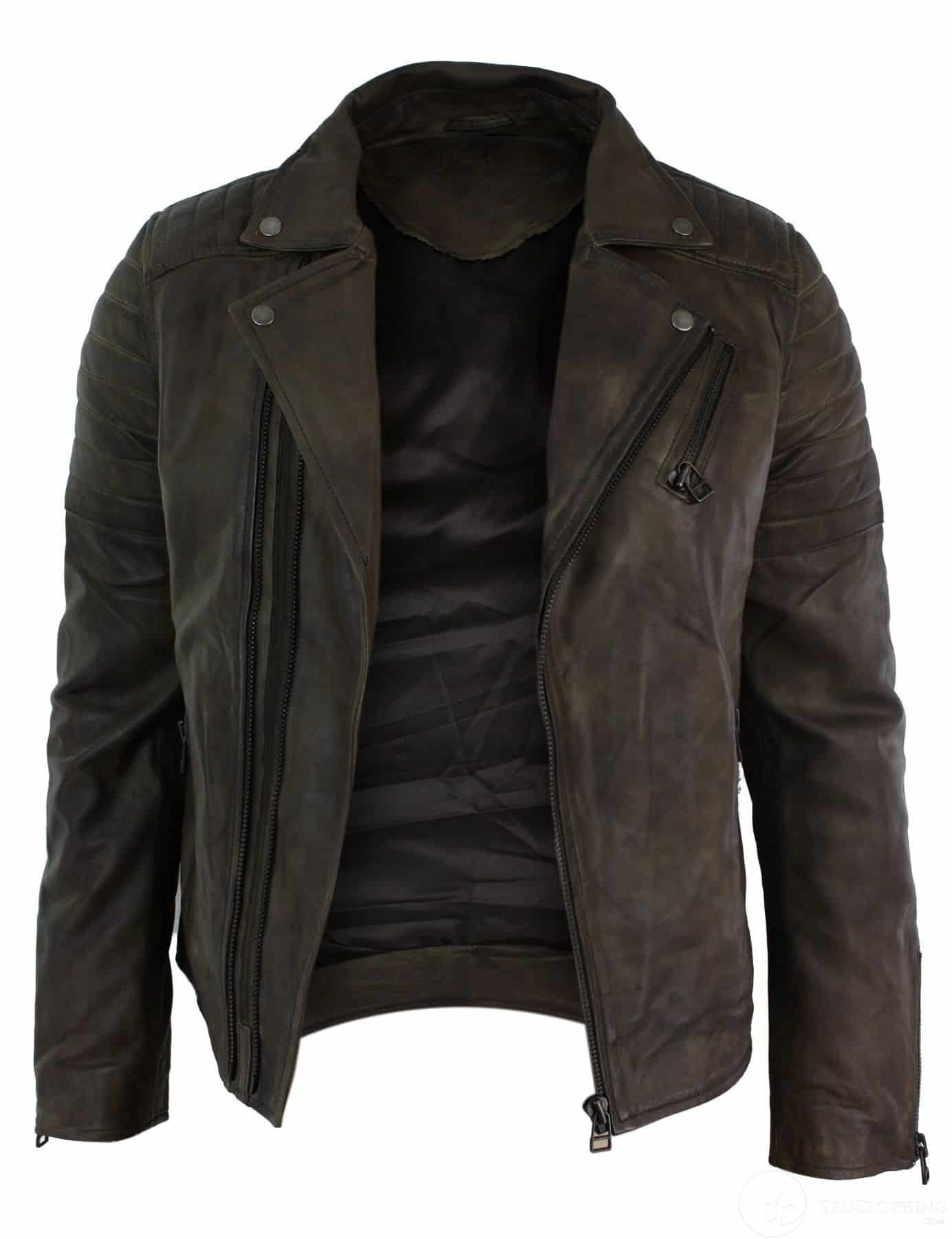 Chaqueta de cuero auténtico, corte ajustado, cremallera cruzada, estilo retro vintage Brando, para hombre, color marrón motero.