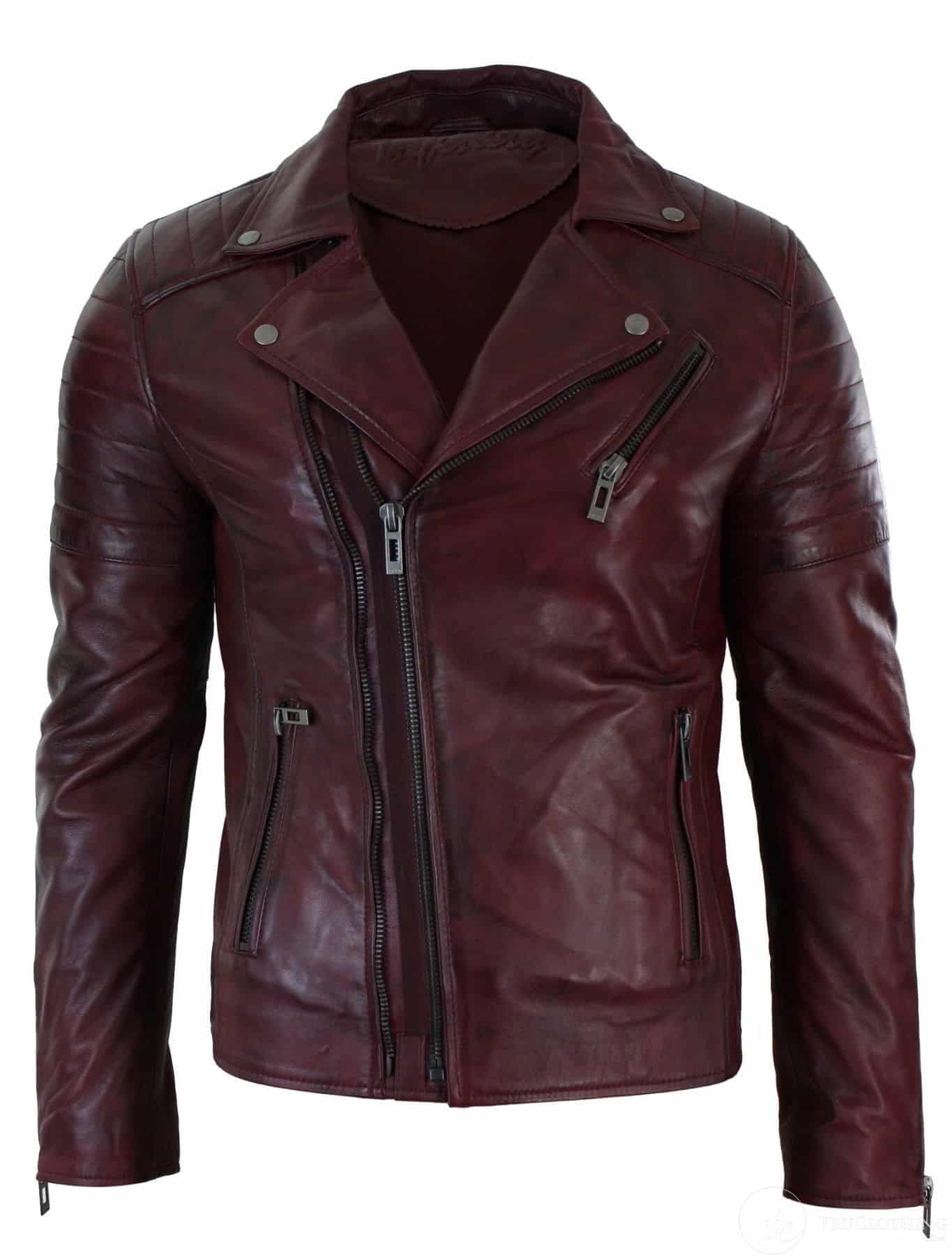 Chaqueta de hombre estilo Brando, retro vintage, de cuero auténtico, corte ajustado, con cremallera cruzada y acabado en color burdeos.