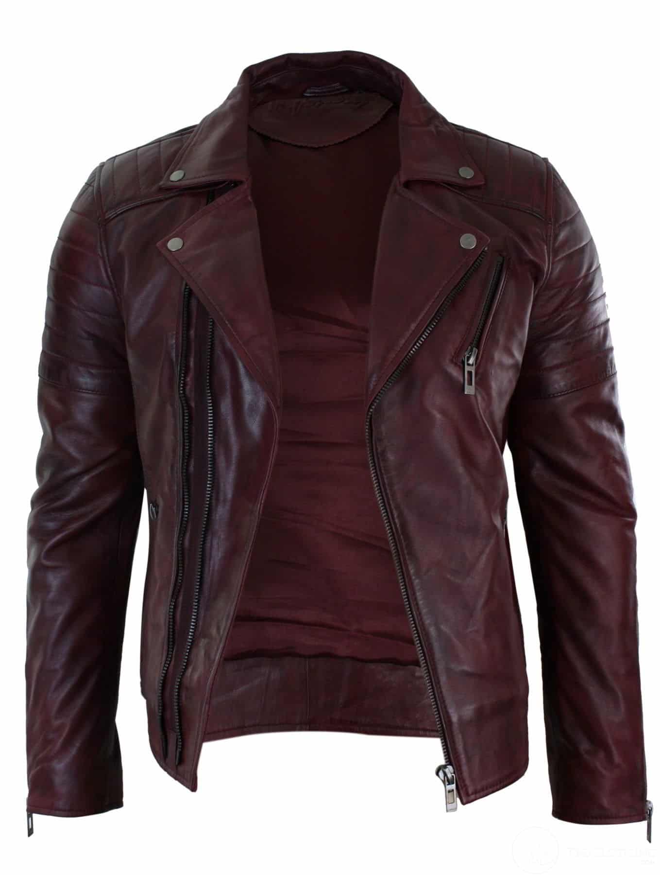 Chaqueta de hombre estilo Brando, retro vintage, de cuero auténtico, corte ajustado, con cremallera cruzada y acabado en color burdeos.