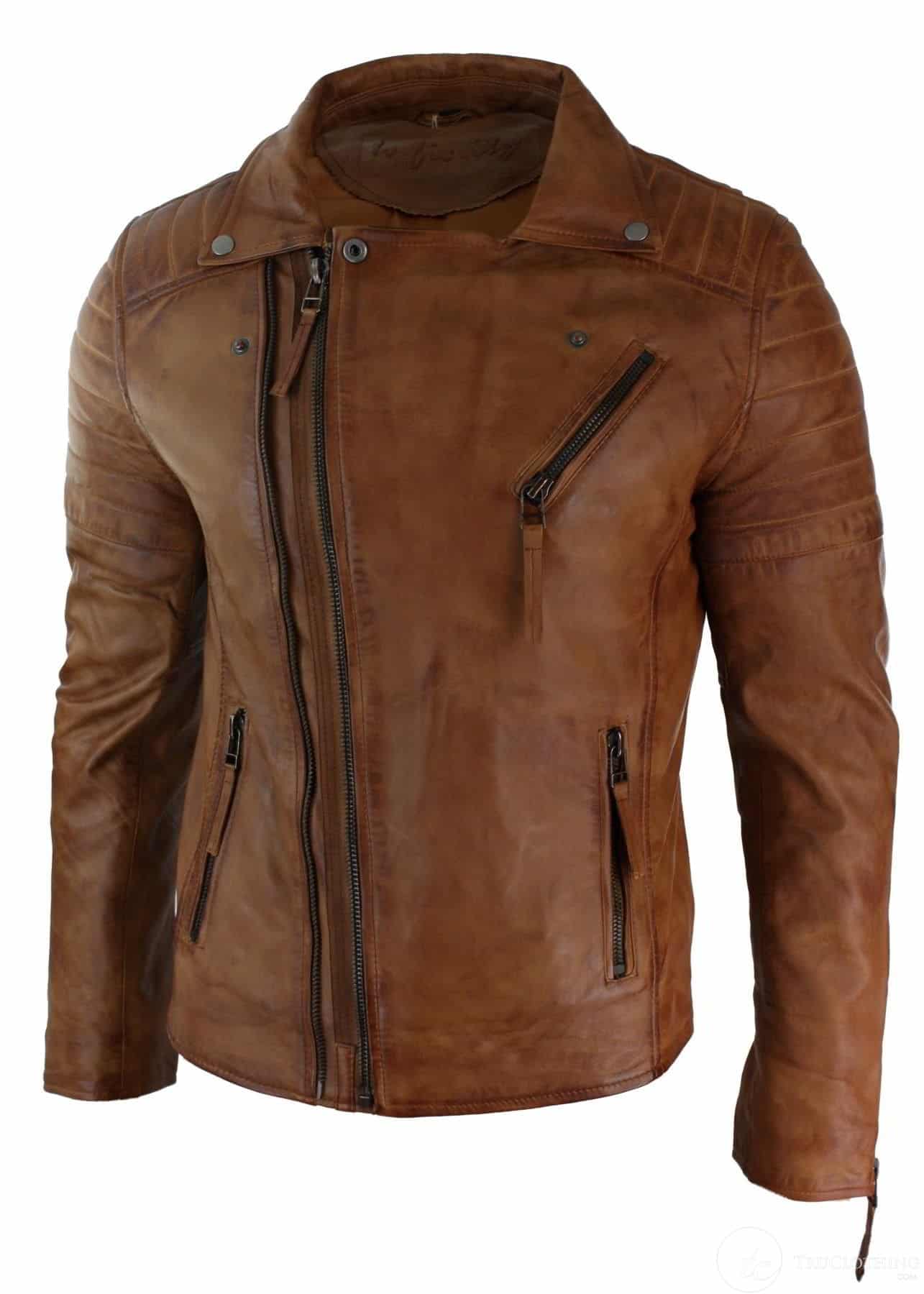 Chaqueta de cuero auténtico ajustada con cremallera cruzada para hombre, estilo retro vintage Brando, motociclista vintage, color tostado.