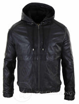 Chaqueta bomber con capucha de cuero auténtico para hombre - Negra