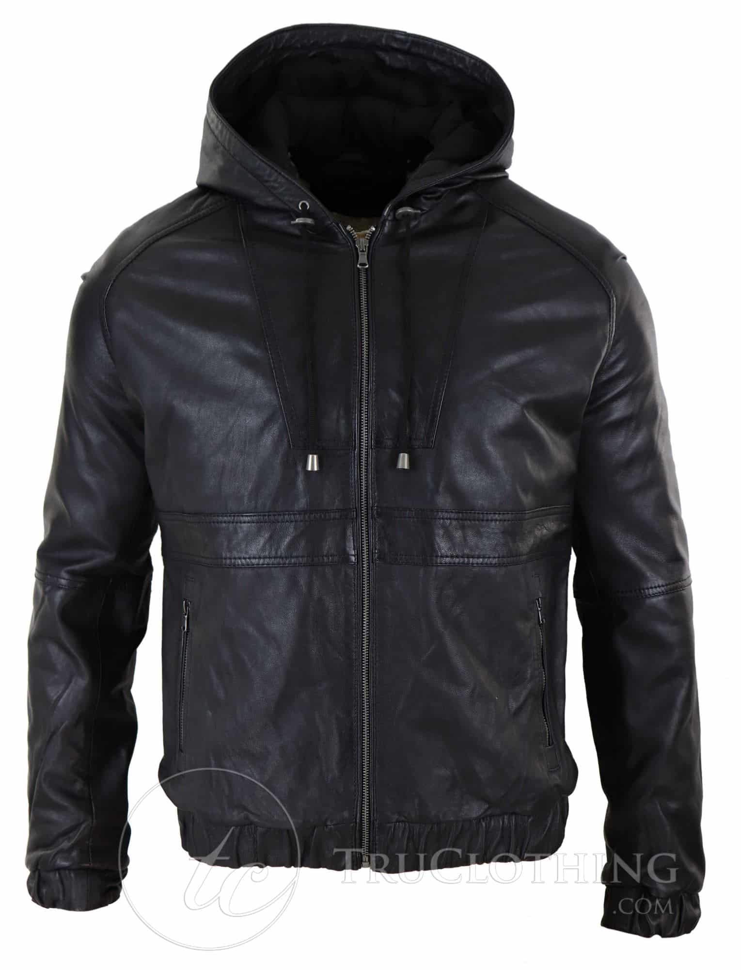 Chaqueta bomber con capucha de cuero auténtico para hombre - Negra