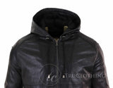 Chaqueta bomber con capucha de cuero auténtico para hombre - Negra