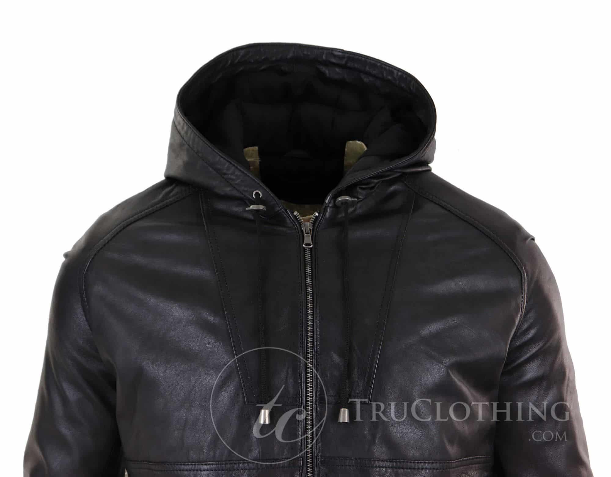 Chaqueta bomber con capucha de cuero auténtico para hombre - Negra