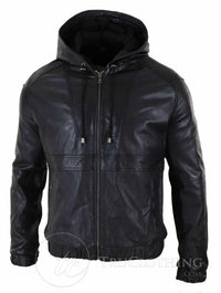 Chaqueta bomber con capucha de cuero auténtico para hombre - Negra