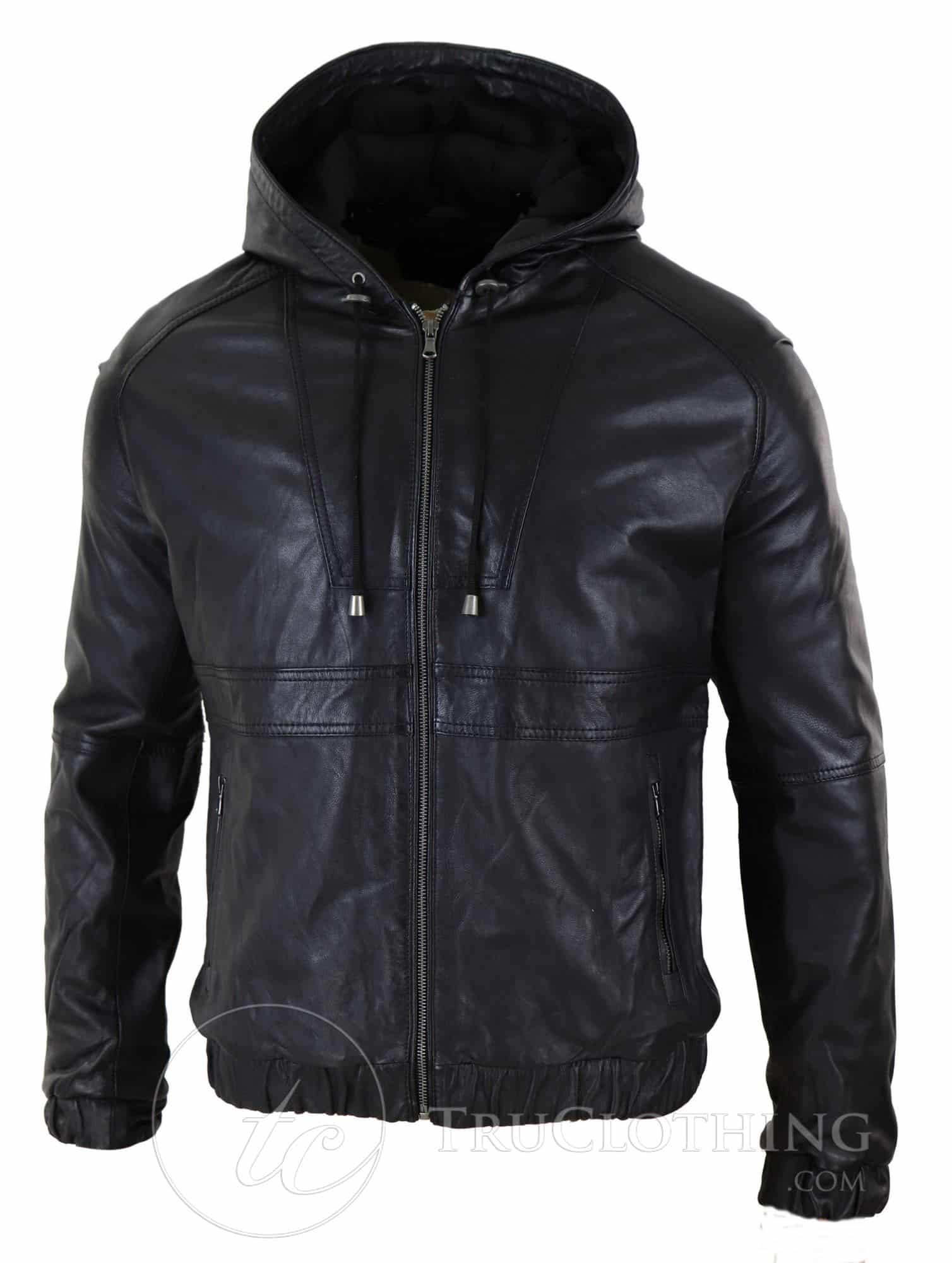 Chaqueta bomber con capucha de cuero auténtico para hombre - Negra