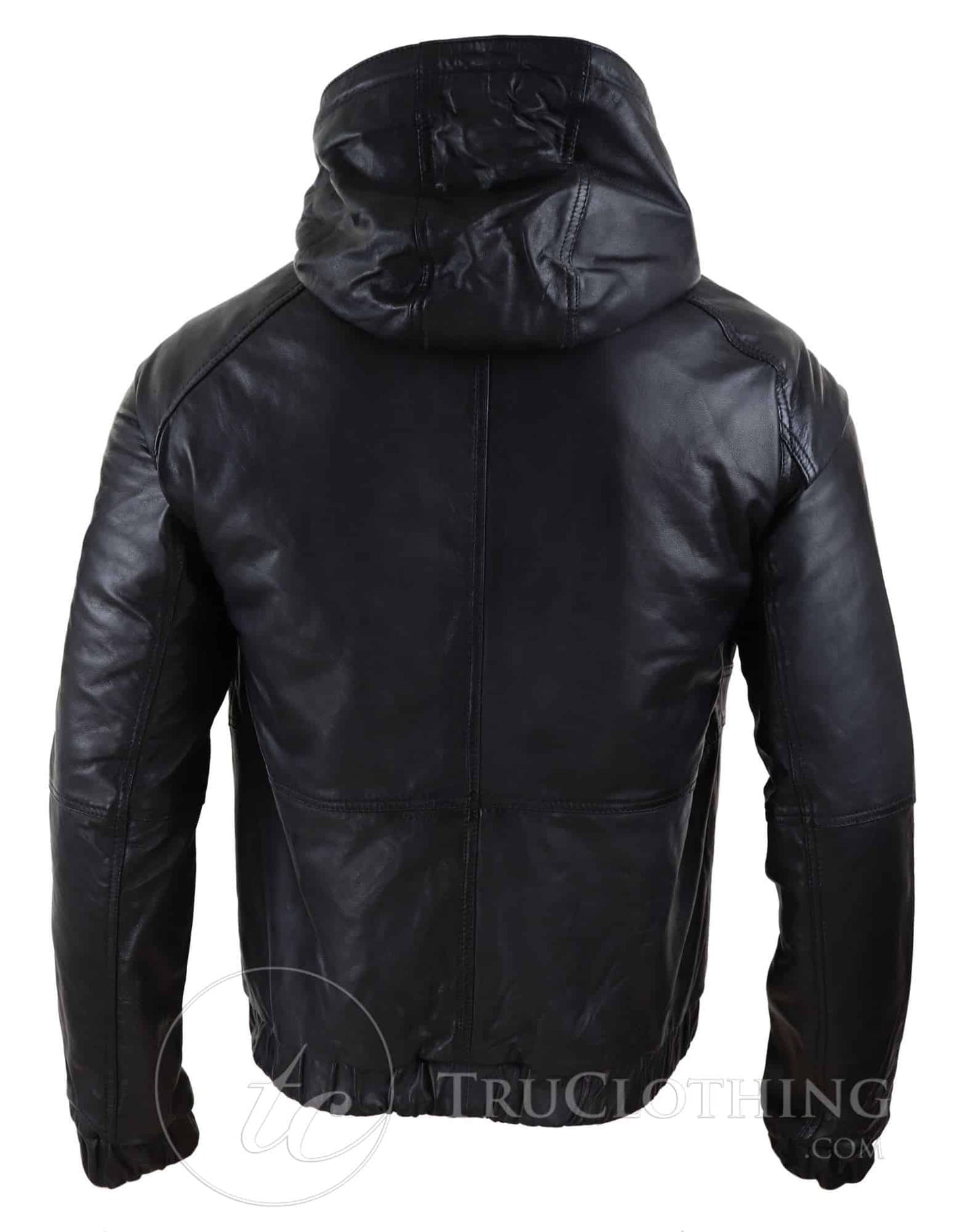 Chaqueta bomber con capucha de cuero auténtico para hombre - Negra