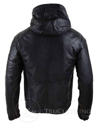 Chaqueta bomber con capucha de cuero auténtico para hombre - Negra