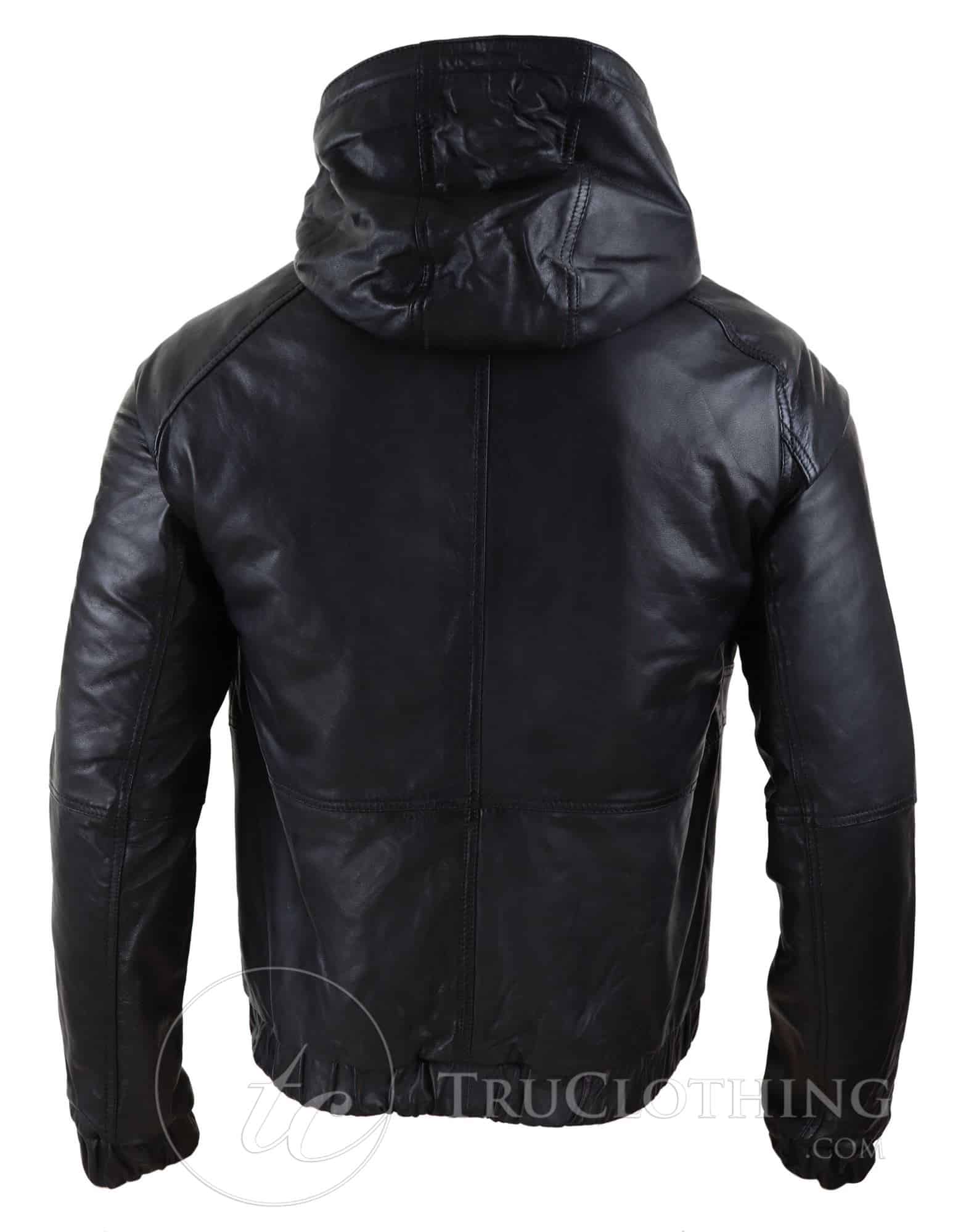 Chaqueta bomber con capucha de cuero auténtico para hombre - Negra