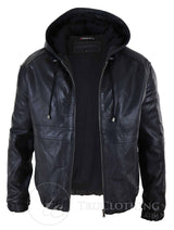 Chaqueta bomber con capucha de cuero auténtico para hombre - Negra