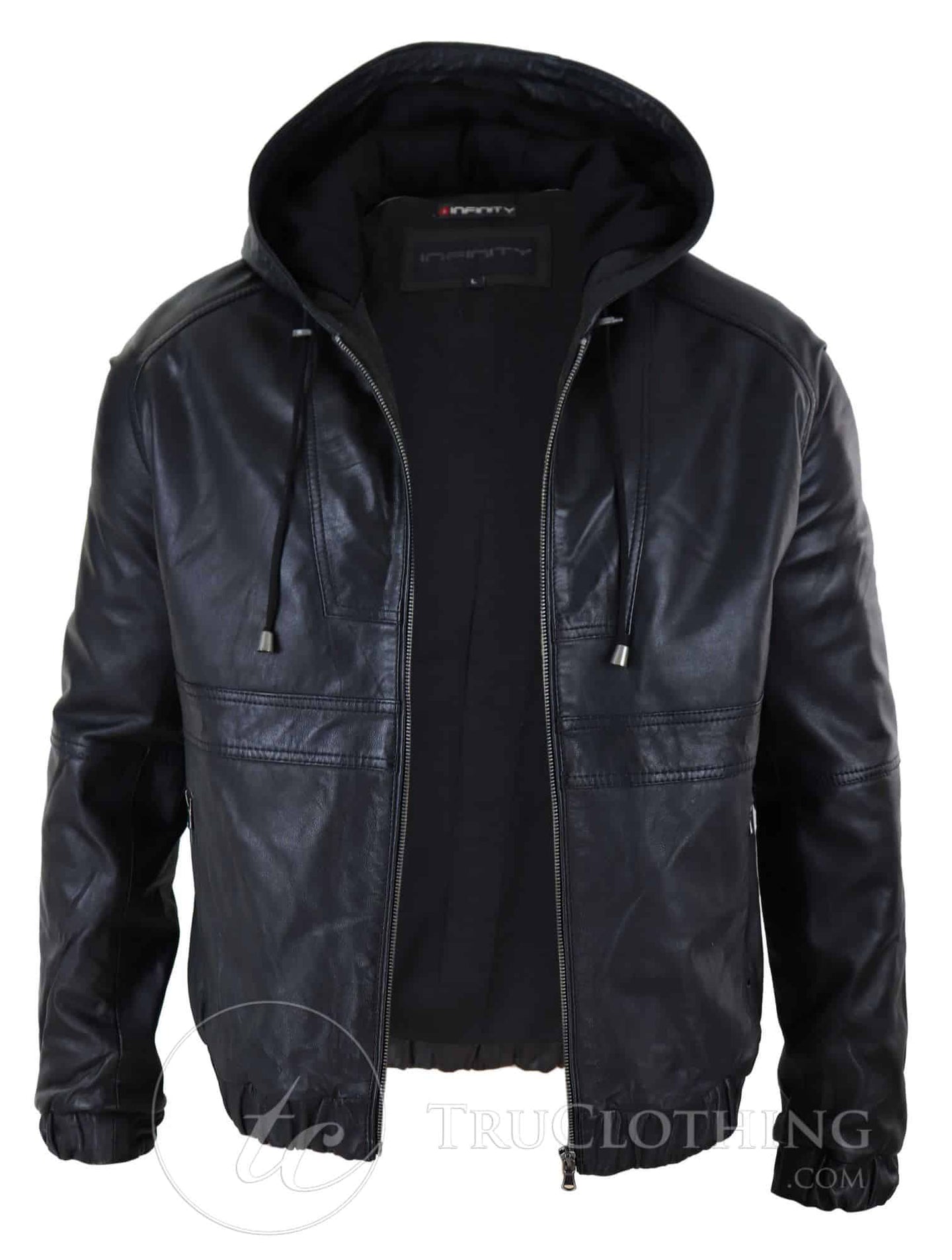 Chaqueta bomber con capucha de cuero auténtico para hombre - Negra