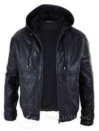 Chaqueta bomber con capucha de cuero auténtico para hombre - Negra