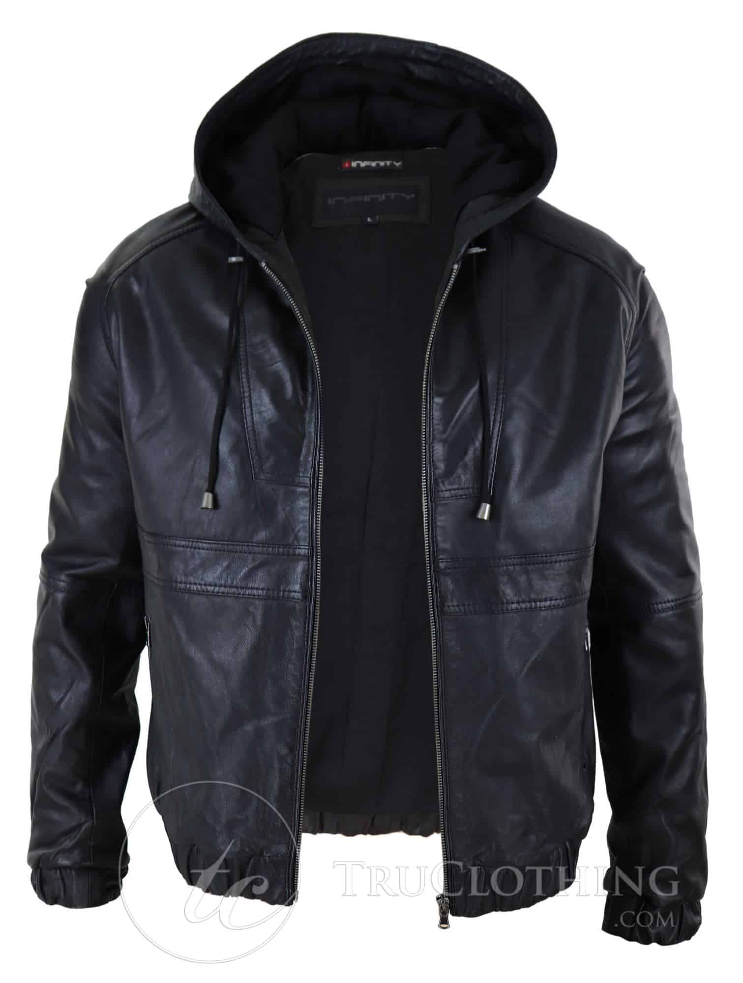 Chaqueta bomber con capucha de cuero auténtico para hombre - Negra