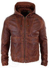 Chaqueta bomber con capucha de cuero auténtico para hombre - Marrón claro