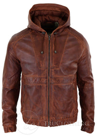 Chaqueta bomber con capucha de cuero auténtico para hombre - Marrón claro