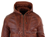 Chaqueta bomber con capucha de cuero auténtico para hombre - Marrón claro