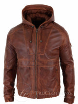 Chaqueta bomber con capucha de cuero auténtico para hombre - Marrón claro