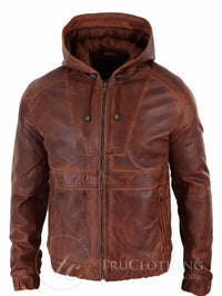 Chaqueta bomber con capucha de cuero auténtico para hombre - Marrón claro