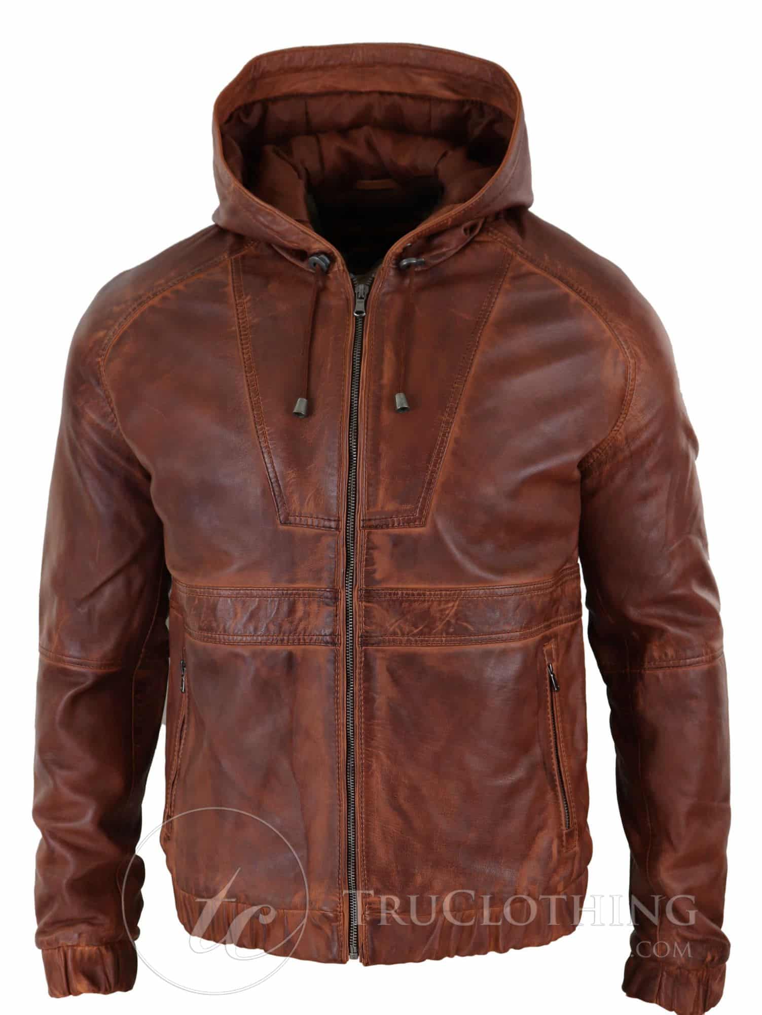 Chaqueta bomber con capucha de cuero auténtico para hombre - Marrón claro
