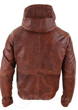 Chaqueta bomber con capucha de cuero auténtico para hombre - Marrón claro