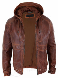 Chaqueta bomber con capucha de cuero auténtico para hombre - Marrón claro
