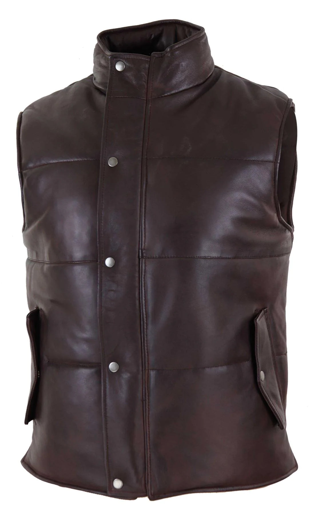 Chaleco de cuero auténtico para hombre, acolchado, con cremallera, estilo casual, color marrón.