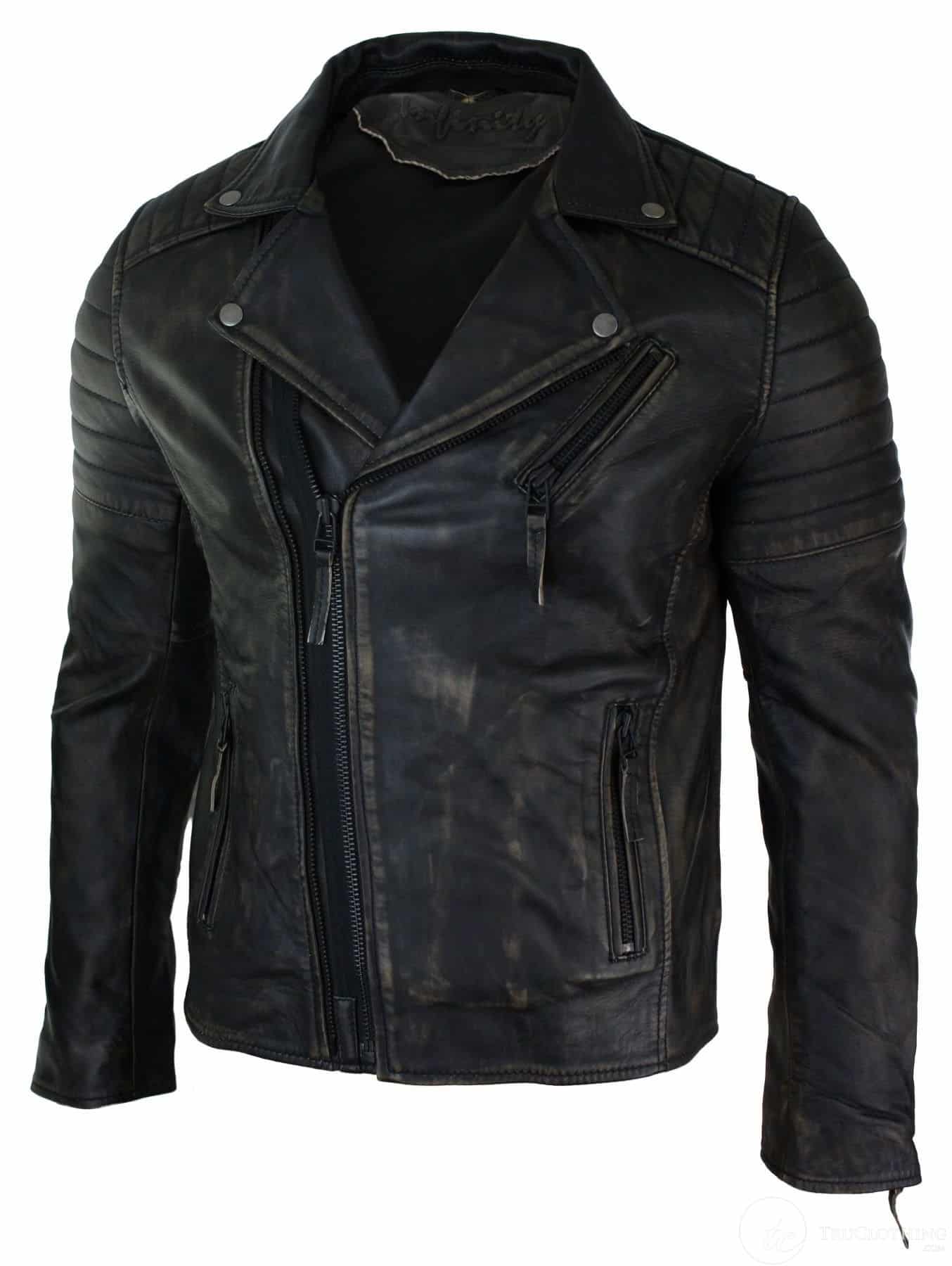 Chaqueta de cuero auténtico ajustada para hombre con cremallera cruzada, estilo retro vintage Brando, estilo motero vintage, color negro desgastado.