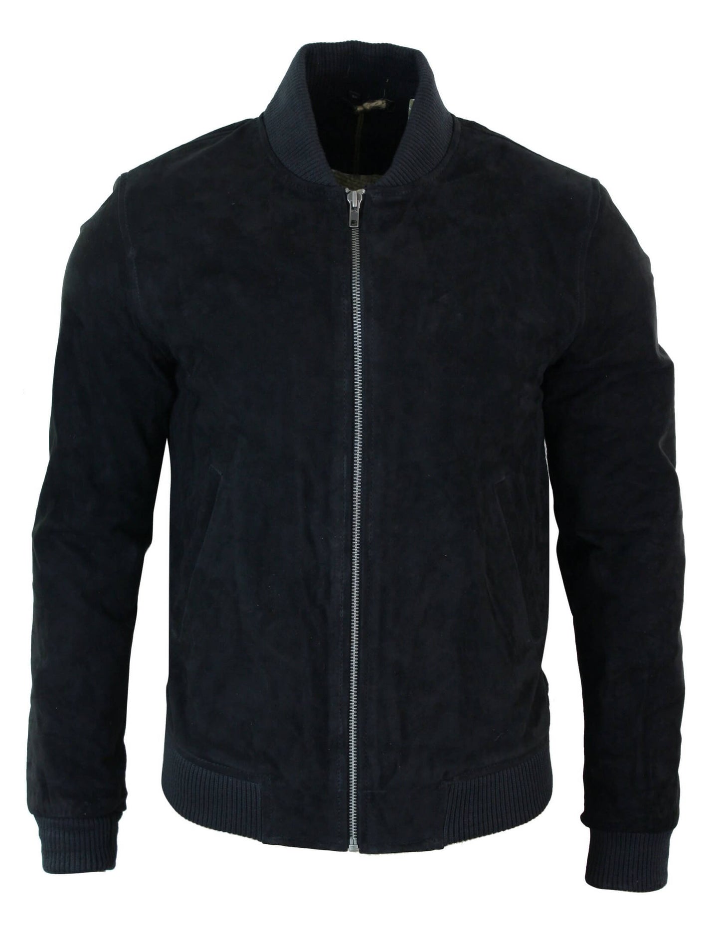 Chaqueta bomber universitaria de cuero de gamuza auténtica para hombre, estilo retro vintage clásico - Negro