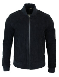 Chaqueta bomber universitaria de cuero de gamuza auténtica para hombre, estilo retro vintage clásico - Negro