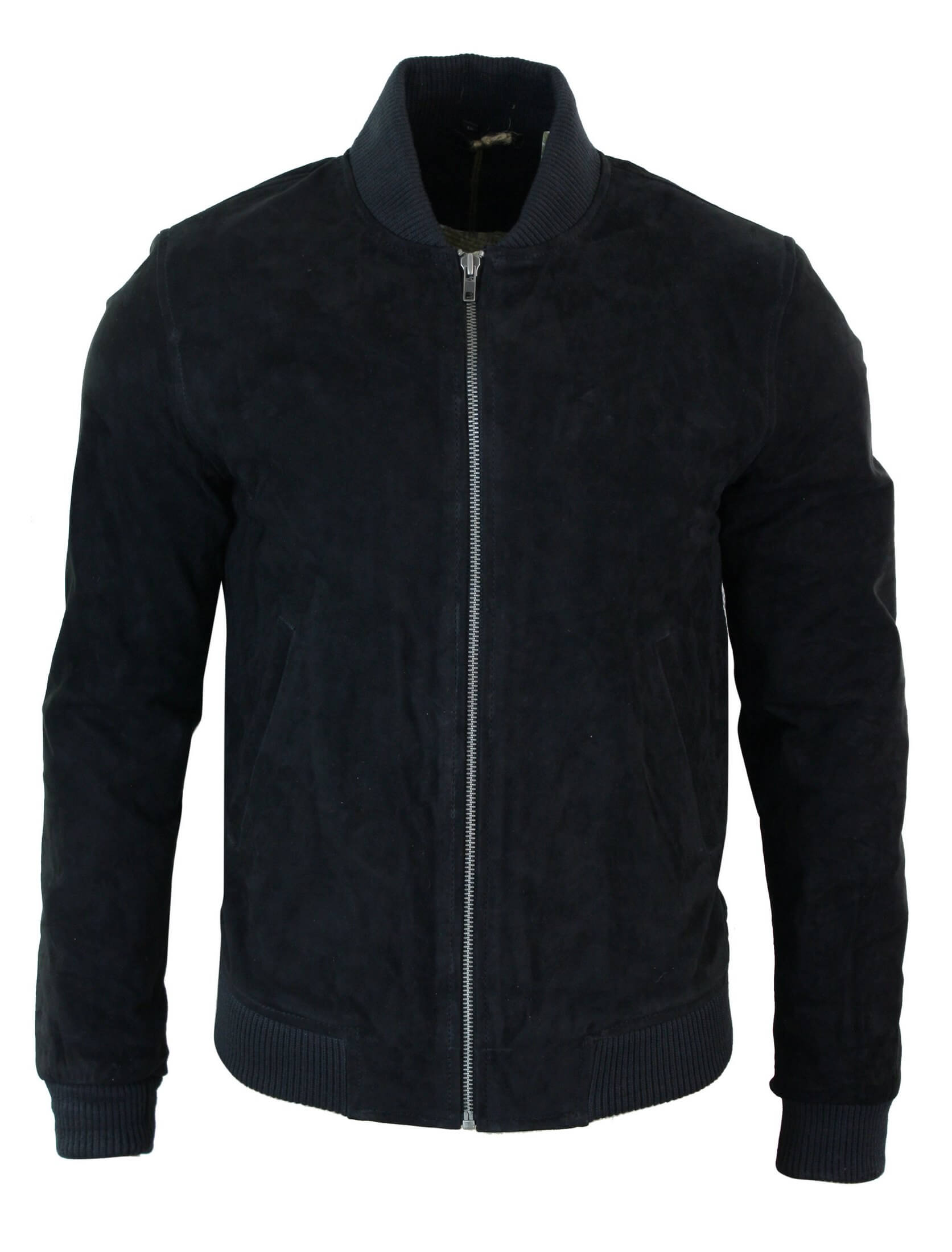 Chaqueta bomber universitaria de cuero de gamuza auténtica para hombre, estilo retro vintage clásico - Negro