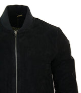 Chaqueta bomber universitaria de cuero de gamuza auténtica para hombre, estilo retro vintage clásico - Negro