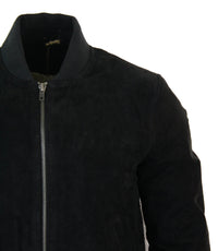 Chaqueta bomber universitaria de cuero de gamuza auténtica para hombre, estilo retro vintage clásico - Negro