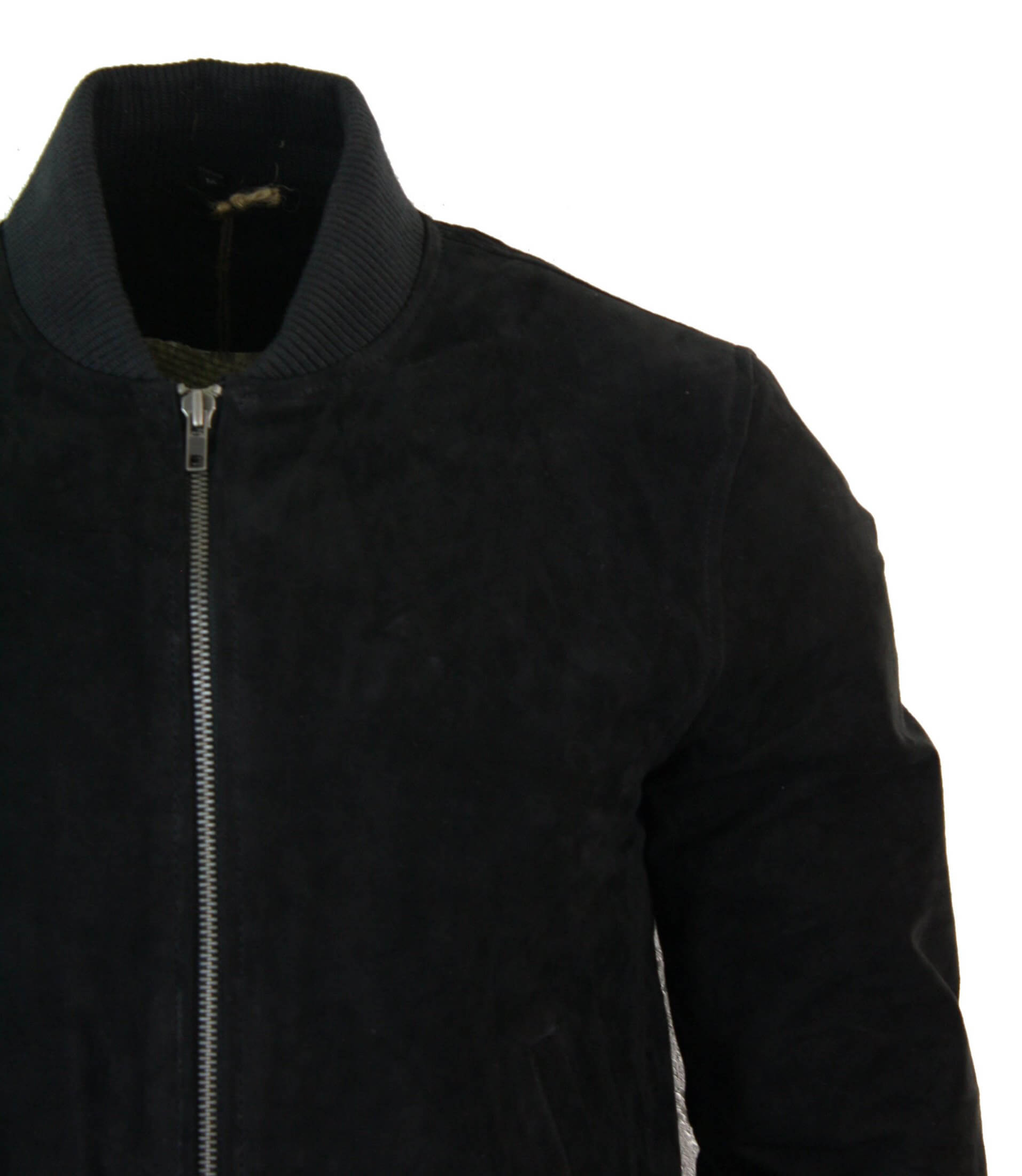 Chaqueta bomber universitaria de cuero de gamuza auténtica para hombre, estilo retro vintage clásico - Negro