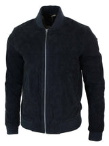 Chaqueta bomber universitaria de cuero de gamuza auténtica para hombre, estilo retro vintage clásico - Negro